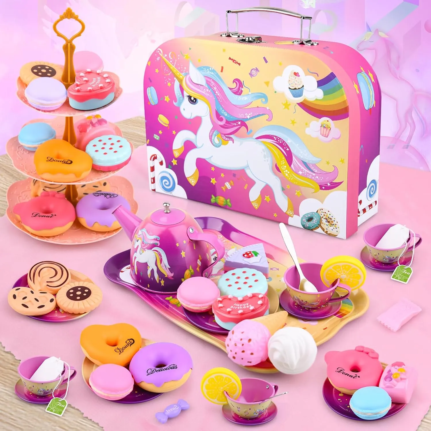 Girls$ Tin Unicorn Tea Set Pretend Play Girls Toys Gifts for Age 3-6$ Kids Toys Gifts for bless boulevard Toddlers Including Carrying Case (New Unicorn) Auney Tea Party Set Toys for 