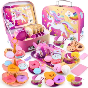 Girls$ Tin Unicorn Tea Set Pretend Play Girls Toys Gifts for Age 3-6$ Kids Toys Gifts for bless boulevard Toddlers Including Carrying Case (New Unicorn) Auney Tea Party Set Toys for 
