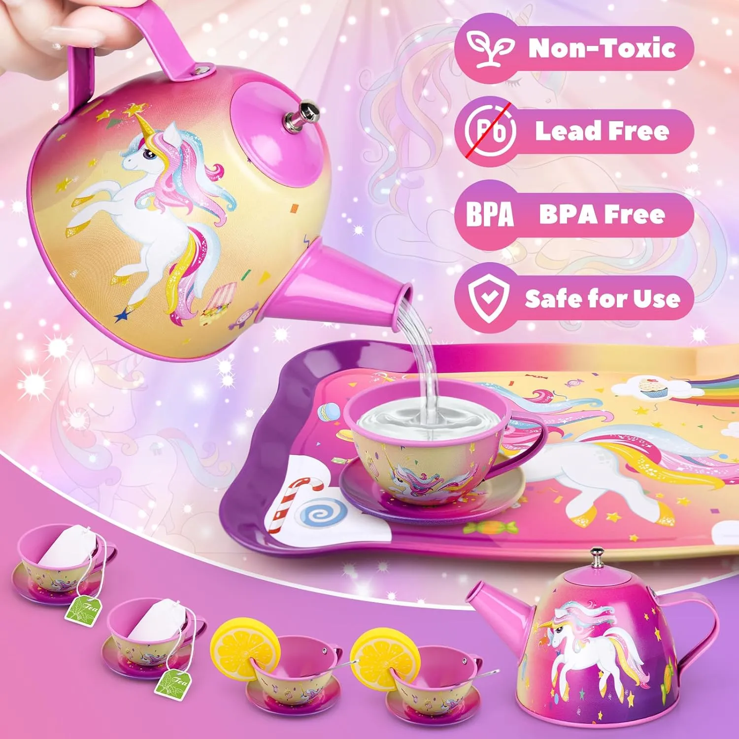 Girls$ Tin Unicorn Tea Set Pretend Play Girls Toys Gifts for Age 3-6$ Kids Toys Gifts for bless boulevard Toddlers Including Carrying Case (New Unicorn) Auney Tea Party Set Toys for 