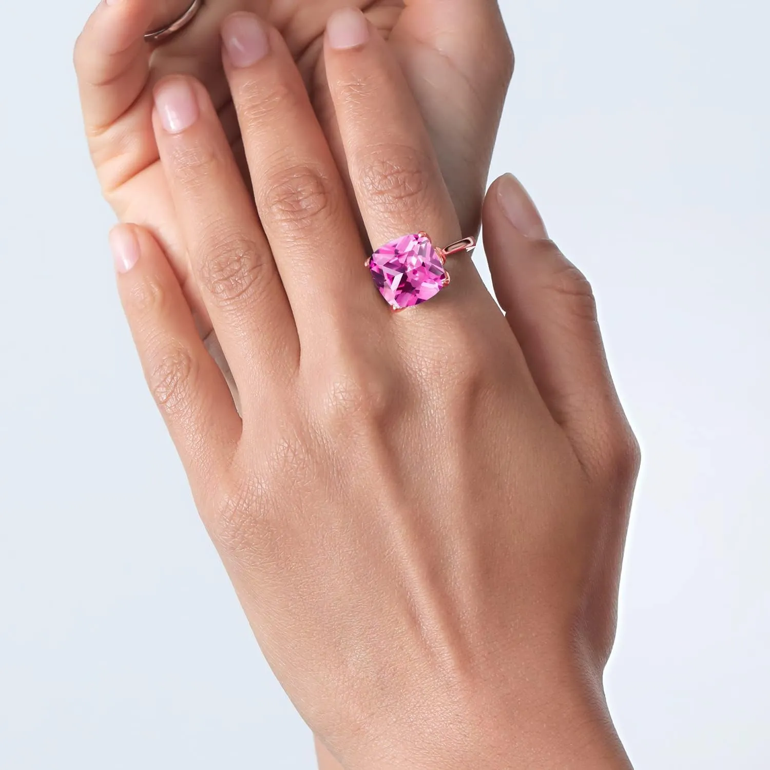Gold Plated Silver Pink Created Sapphire Engagement Ring modernize For Women (14.68 Cttw, 14MM Cushion, Available in Size 5,6,7,8,9) Gem Stone King 18K Rose 