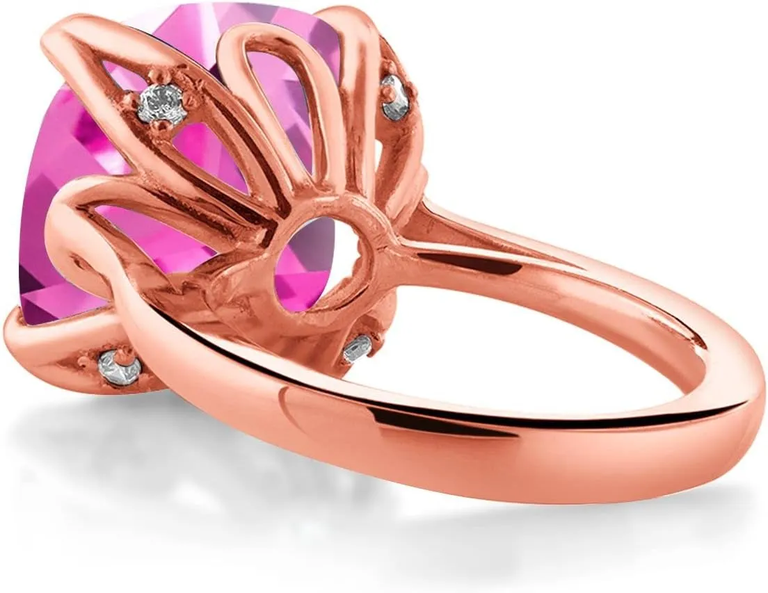 Gold Plated Silver Pink Created Sapphire Engagement Ring modernize For Women (14.68 Cttw, 14MM Cushion, Available in Size 5,6,7,8,9) Gem Stone King 18K Rose 