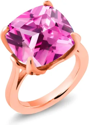 Gold Plated Silver Pink Created Sapphire Engagement Ring modernize For Women (14.68 Cttw, 14MM Cushion, Available in Size 5,6,7,8,9) Gem Stone King 18K Rose 