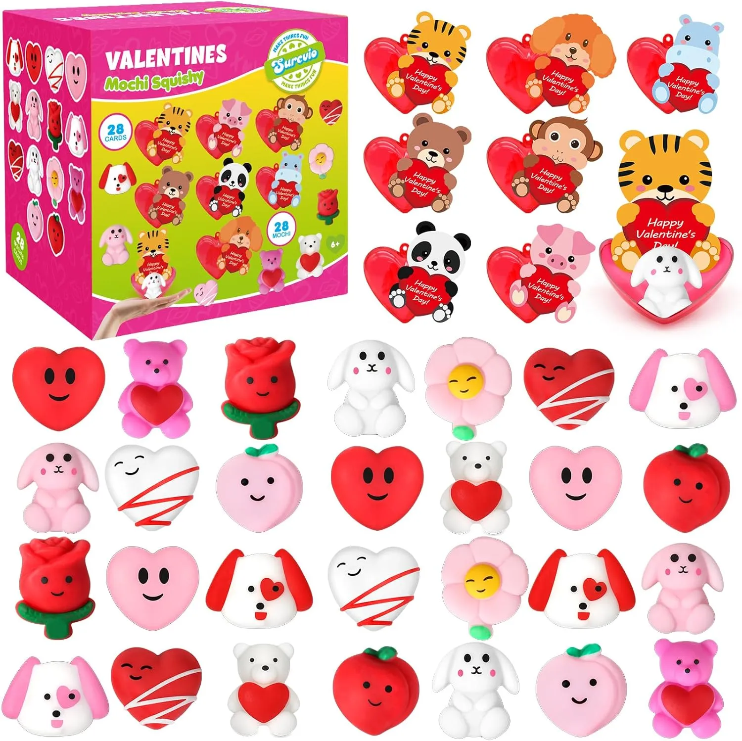Greeting Cards and Mochi Squishies Filled Hearts Kawaii Squishies Stress Relief Fidget Toys Classroom Exchange Party Favors Prizes Gifts 28 Pack Valentine Mochi Squishies climatically wax fifteen Gifts for Kids$ 