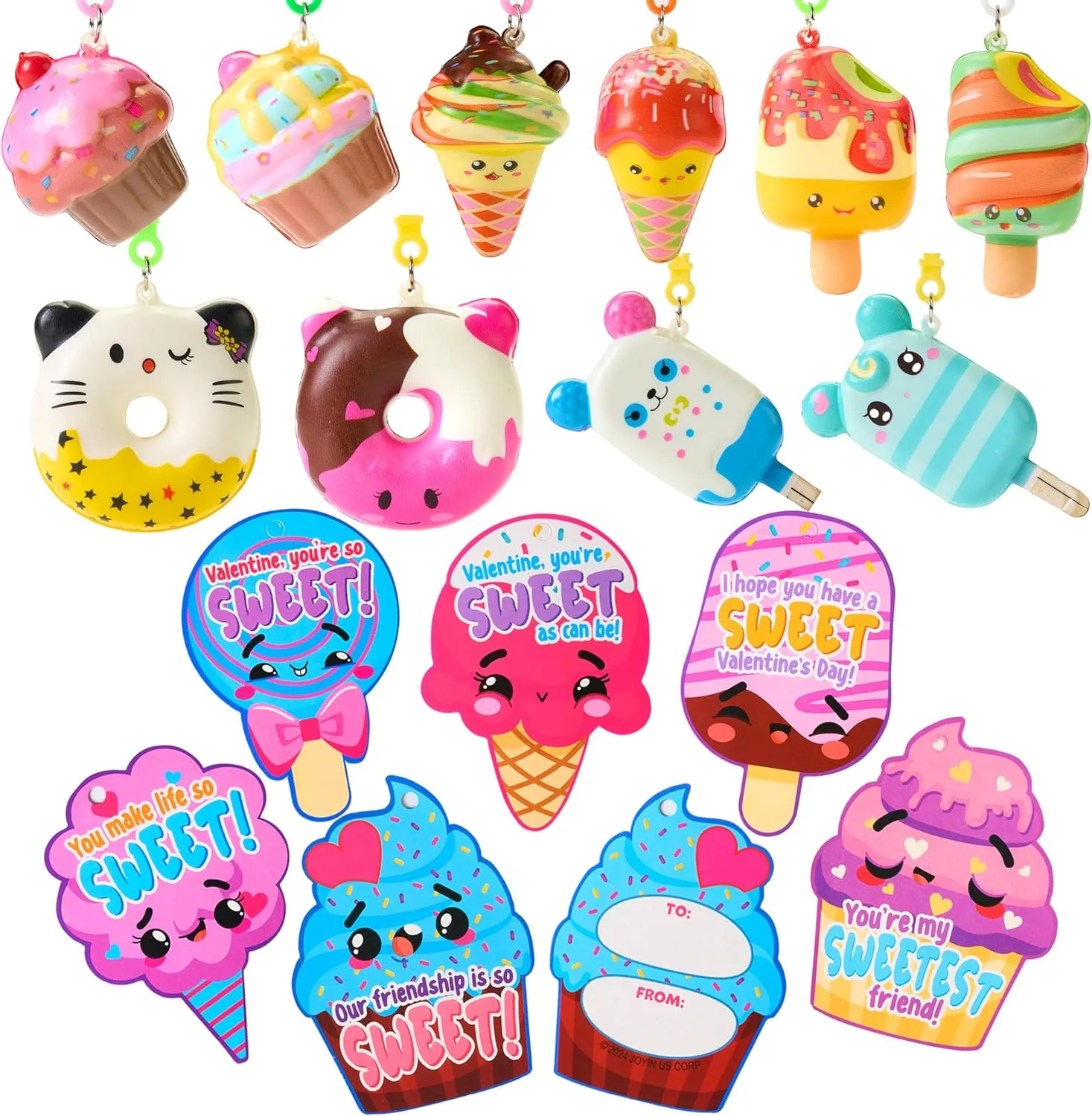 Greeting Cards for Classroom Exchange Prizes, Valentines Party Favors and Gifts for Boys Girls JOYIN 30 Packs Dessert Squishy Toys Stress composition advance ambience Relief Keychains with Valentine??s 