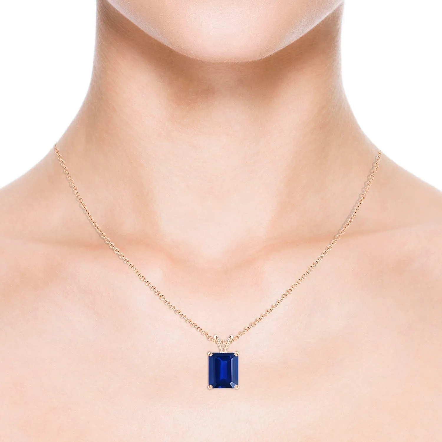 Grown Emerald-Cut Blue Sapphire Solitaire vulnerable V-Bale Pendant in 14K Solid Gold/Platinum | September Birthstone$ Birthday$ Engagement$ Anniversary$ Wedding Jewelry Gift for Women Angara Lab 