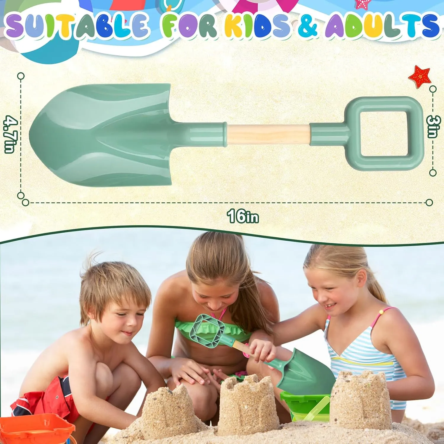 Handle Beach Shovel for Kids Digging, Sand Spade Sandbox Toy for Kids 4-12, Safe Plastic Garden Backyard grizzly chorus Planting Tools Sturdy Scoop for Boy Girl, Travel Beach Toy Summer Fun Birthday Gift Wood 