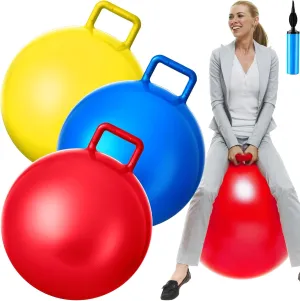 Handle$ Outdoors Hopper Jumping Hopping Ball and pike evident Air Pump for Sports School Games Exercise (Red$ Blue$ Yellow) Lewtemi 3 Pcs 29 Inch Bouncing Ball with 