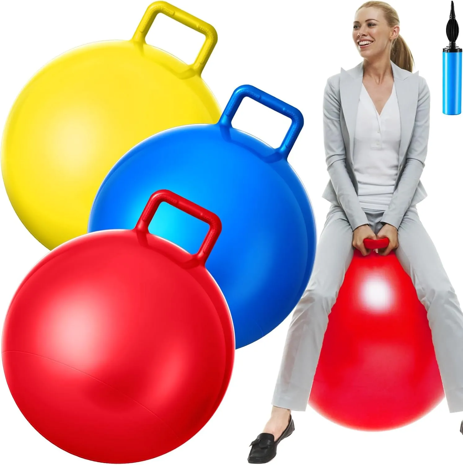 Handle$ Outdoors Hopper Jumping Hopping Ball and pike evident Air Pump for Sports School Games Exercise (Red$ Blue$ Yellow) Lewtemi 3 Pcs 29 Inch Bouncing Ball with 