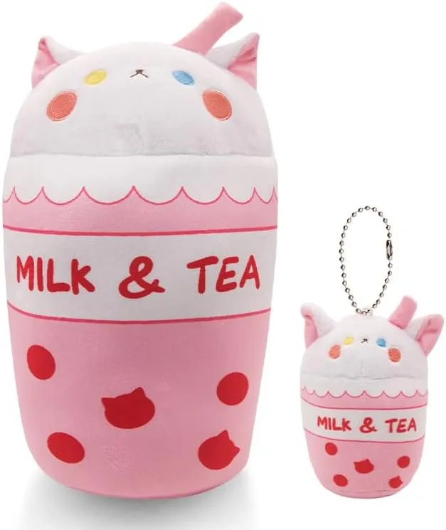 inch Boba Plush Bubble Tea Plushies Plush Toy Pillow Cartoon Cute Milk Cat Plush Cup imprint Stuffed Animal Gift for Kids Birthday Halloween Christmas 13.7 
