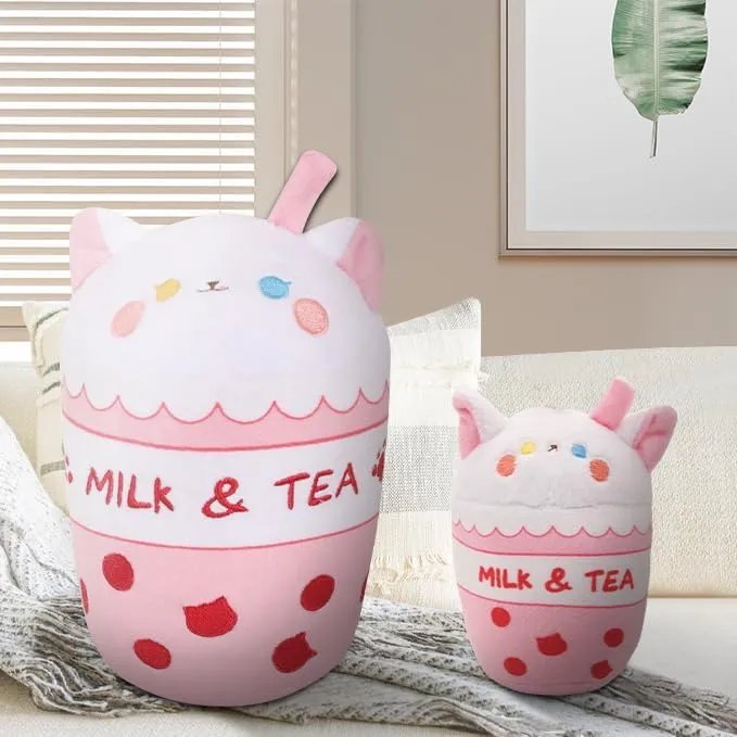 inch Boba Plush Bubble Tea Plushies Plush Toy Pillow Cartoon Cute Milk Cat Plush Cup imprint Stuffed Animal Gift for Kids Birthday Halloween Christmas 13.7 
