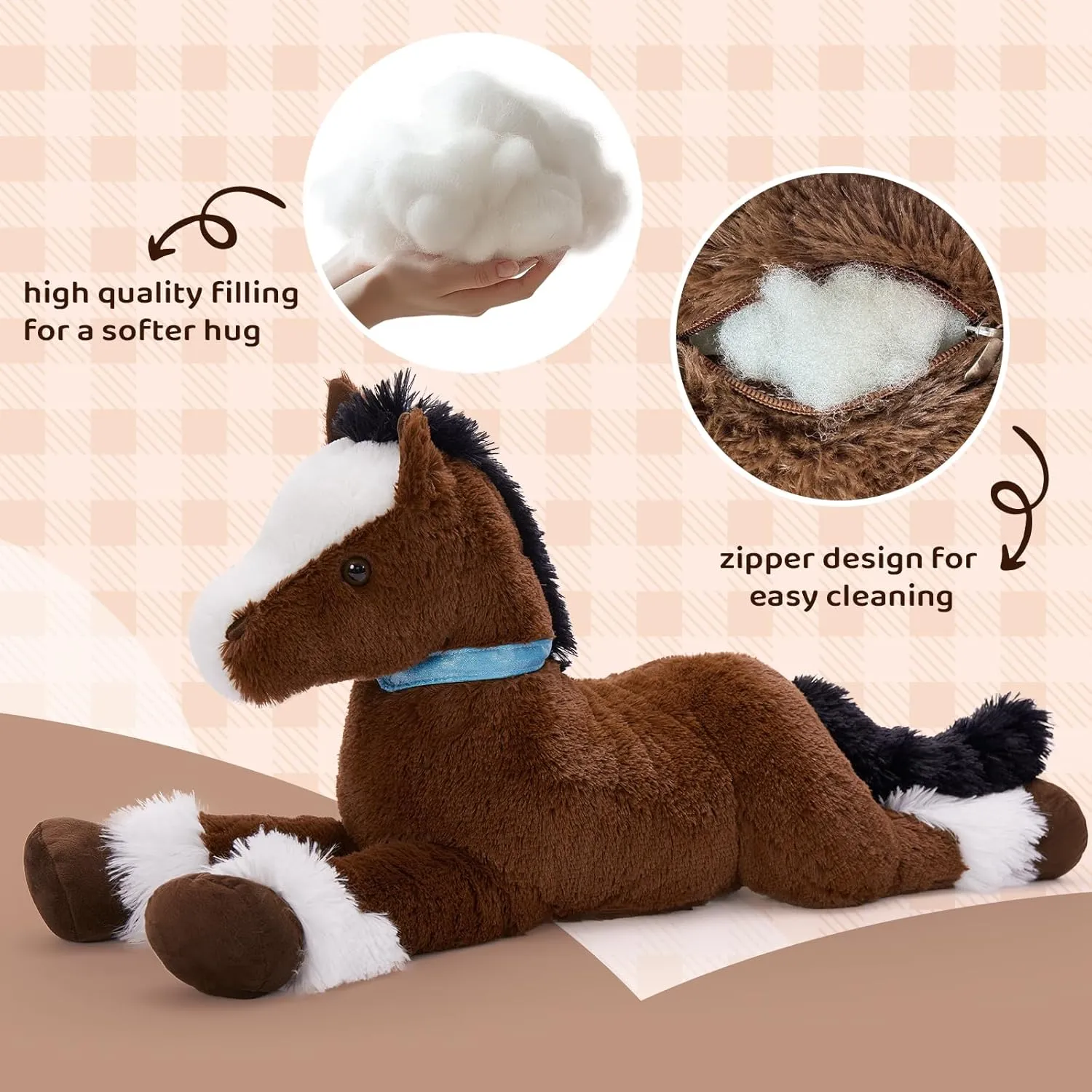 Inch Giant Horse Stuffed Animal, 4ft Realistic Chocolate Stuffed Horse Plush Toy, Hugging Soft cram Horse Pony Plush Pillow for Boys Girls, Tezituor 47 