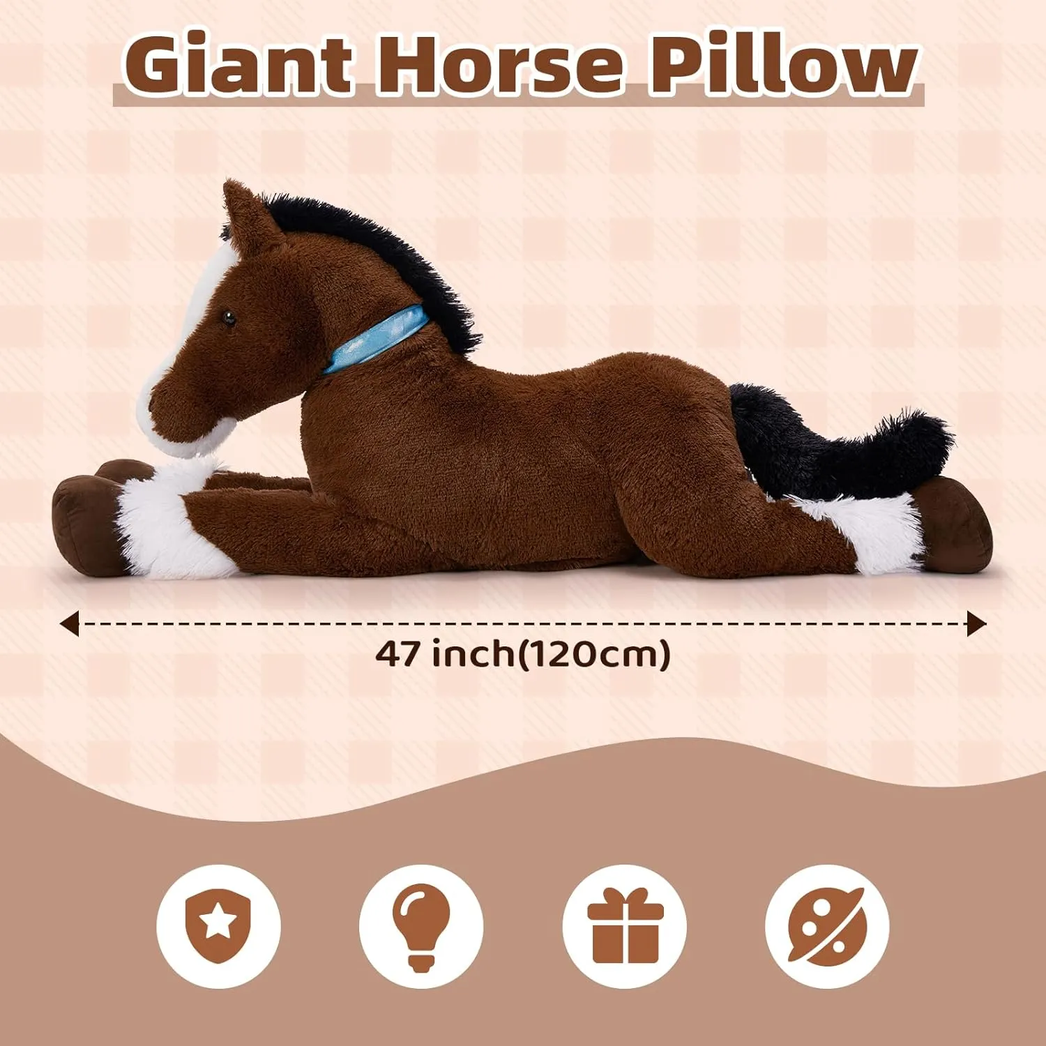 Inch Giant Horse Stuffed Animal, 4ft Realistic Chocolate Stuffed Horse Plush Toy, Hugging Soft cram Horse Pony Plush Pillow for Boys Girls, Tezituor 47 