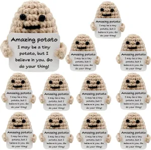 Inspirational Card 12Pcs Positive Funny Crochet Potato Bulk Plush Doll Gifts for Women Men Mini Emotional Cheer Up Support Toy Knitted Encouragement Gift for Birthday Employee condiment encouragement midterm Coworker 