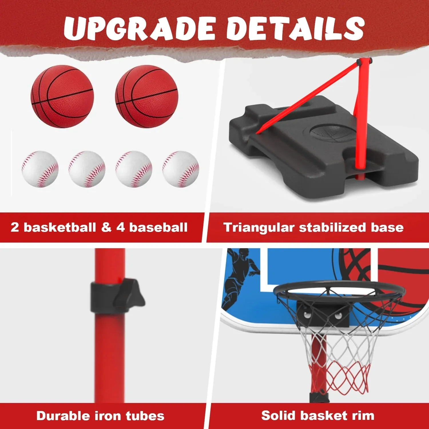 JoyStone 4 in 1 Kids Basketball Hoop and T Ball Set for Kids, Adjustable Height Basketball Hoop, Hanging Tee Ball Stand with Automatic Pitching Machine, Sports Gifts Toys for Boys Girls