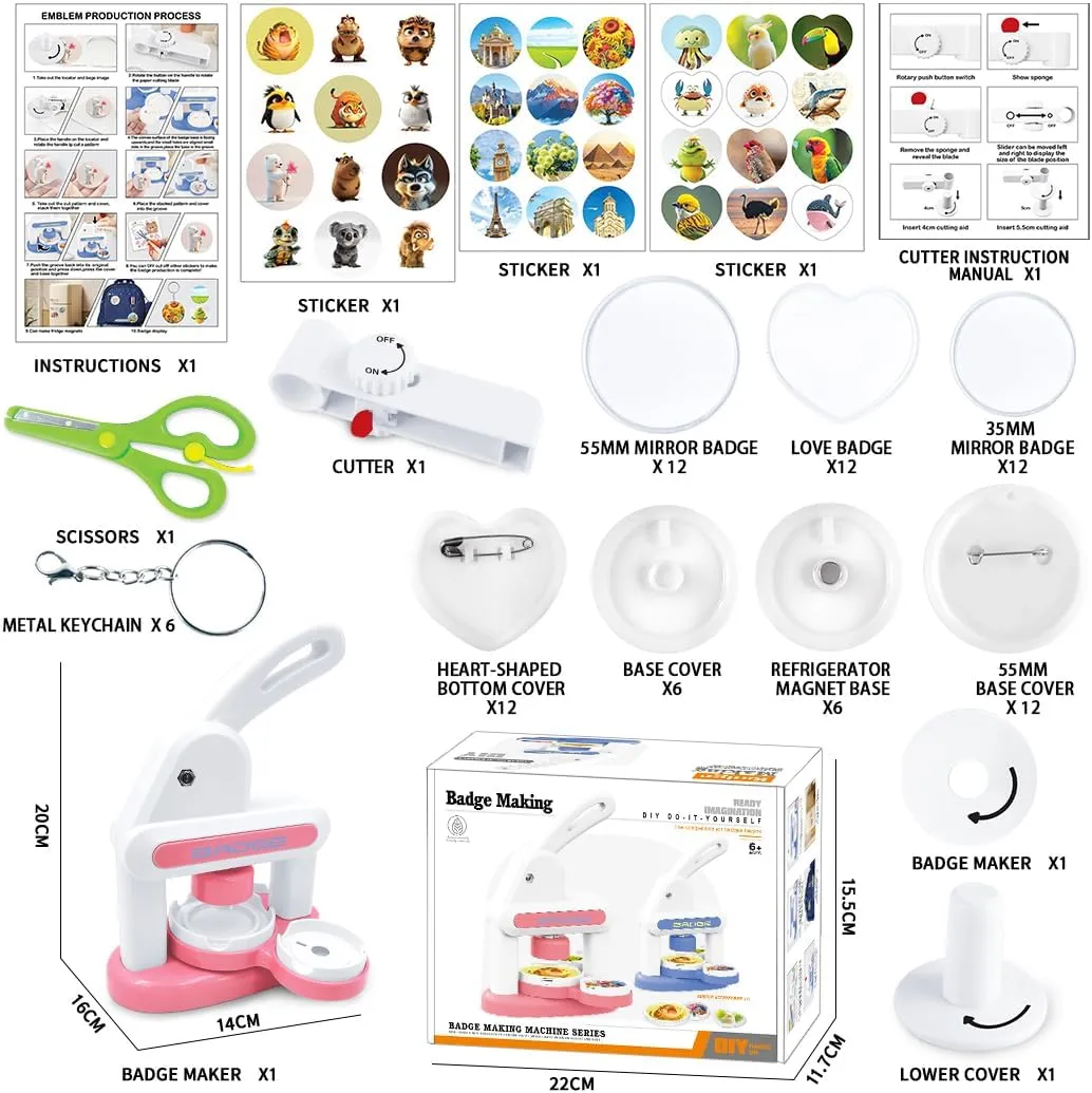 Keychains Brooches Badges with Picture Cutters and Children's Scissors.86pcs Set of DIY Arts & Crafts Gifts for Kids(Pink) BAORUYAO 3in1 unsung late biter Badge Maker Machine for Kids$Capable of Making Fridge Magnets 