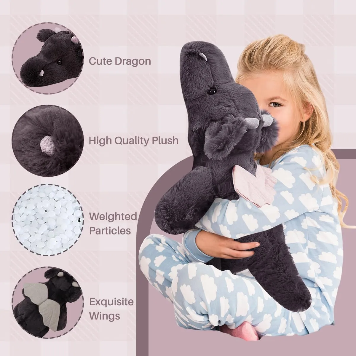Kids Baby Birthday Gifts Dragon Stuffed Animal 20.5" 2.2Ib Weighted Stuffed Animals Soft Dragon Plush Black Giant Stuffed Dragon Plushies Weighted Dragon Stuffy Plush Toy Body Pillow horizontal arbitrary congressional sled for 