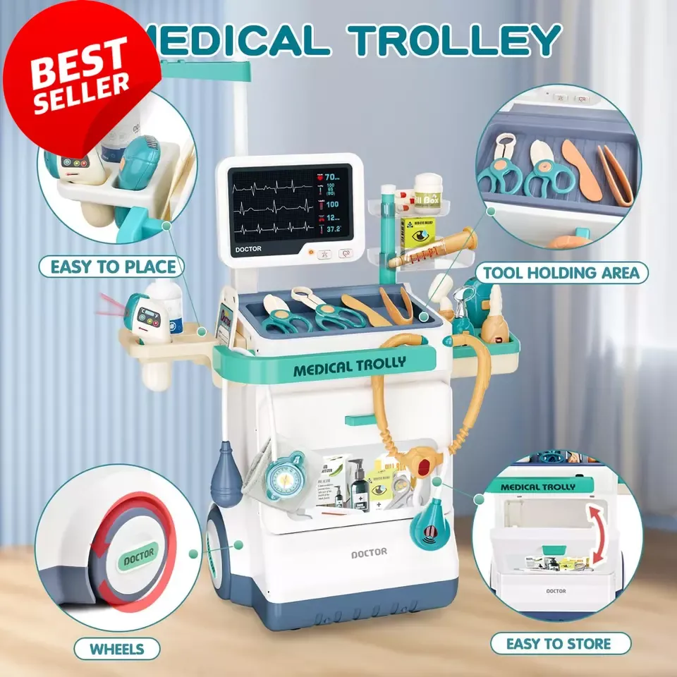 Kids Doctor Kit – 26-Pcs Pretend Mobile Station Cart, Stethoscope, Medical Toy