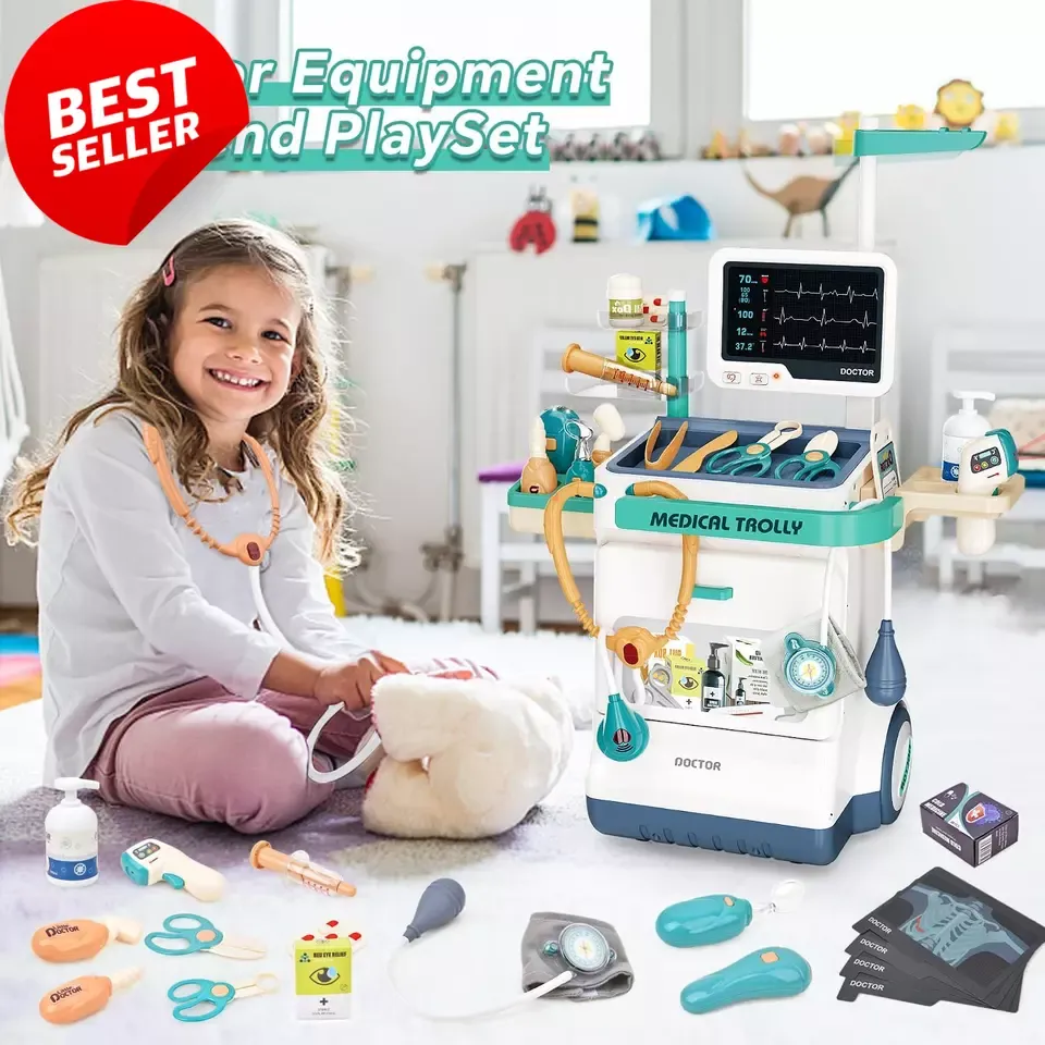 Kids Doctor Kit – 26-Pcs Pretend Mobile Station Cart, Stethoscope, Medical Toy