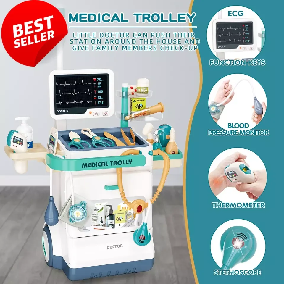 Kids Doctor Kit – 26-Pcs Pretend Mobile Station Cart, Stethoscope, Medical Toy