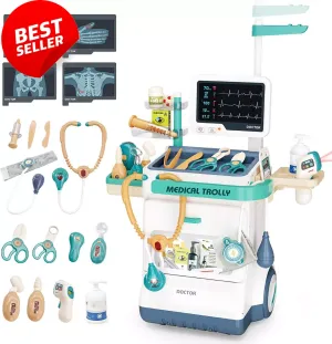 Kids Doctor Kit – 26-Pcs Pretend Mobile Station Cart, Stethoscope, Medical Toy