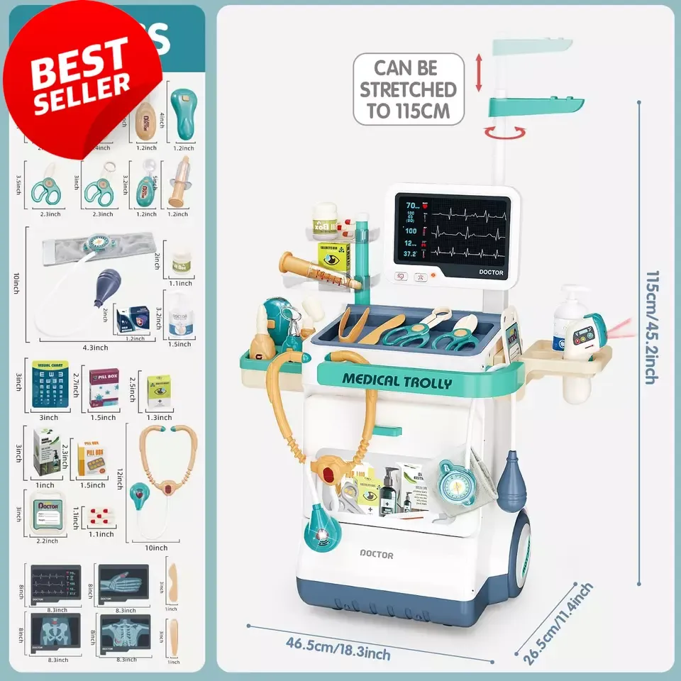Kids Doctor Kit – 26-Pcs Pretend Mobile Station Cart, Stethoscope, Medical Toy