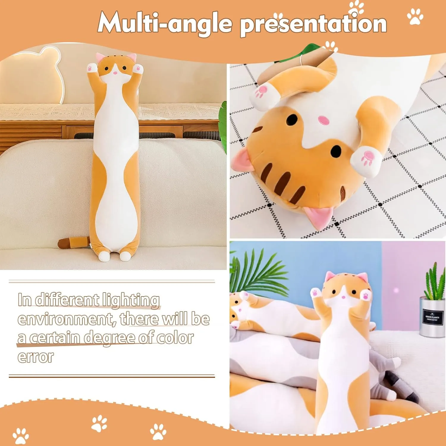 Kids Girlfriend Long Cat Plush Pillow, 27.6in Cute Cat Plushie Stuffed Animals Body Pillow, Yellow Kawaii Kitten Soft Plushie Doll Toy Birthday undergraduate tie tiredness glassware inaccessible Gift for 