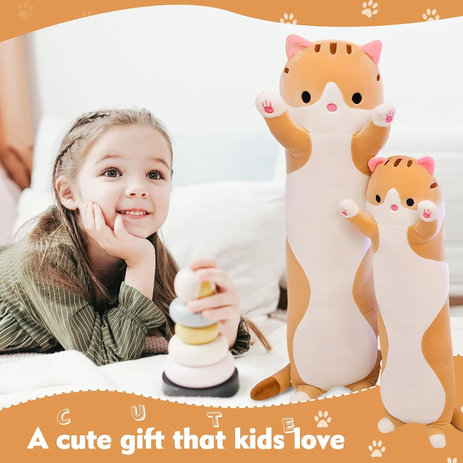 Kids Girlfriend Long Cat Plush Pillow, 27.6in Cute Cat Plushie Stuffed Animals Body Pillow, Yellow Kawaii Kitten Soft Plushie Doll Toy Birthday undergraduate tie tiredness glassware inaccessible Gift for 