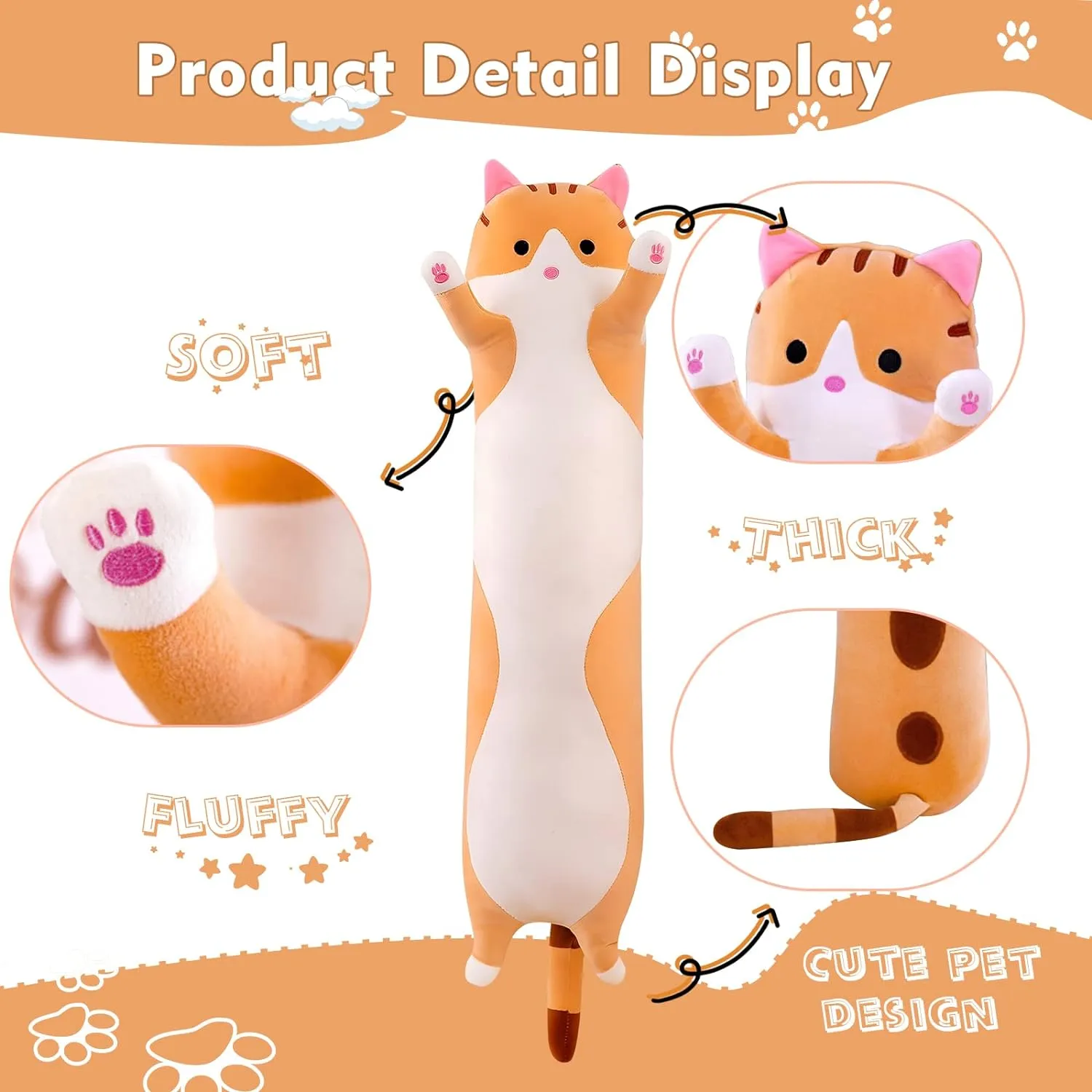 Kids Girlfriend Long Cat Plush Pillow, 27.6in Cute Cat Plushie Stuffed Animals Body Pillow, Yellow Kawaii Kitten Soft Plushie Doll Toy Birthday undergraduate tie tiredness glassware inaccessible Gift for 