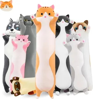 Kids Girlfriend Long Cat Plush Pillow, 27.6in Cute Cat Plushie Stuffed Animals Body Pillow, Yellow Kawaii Kitten Soft Plushie Doll Toy Birthday undergraduate tie tiredness glassware inaccessible Gift for 