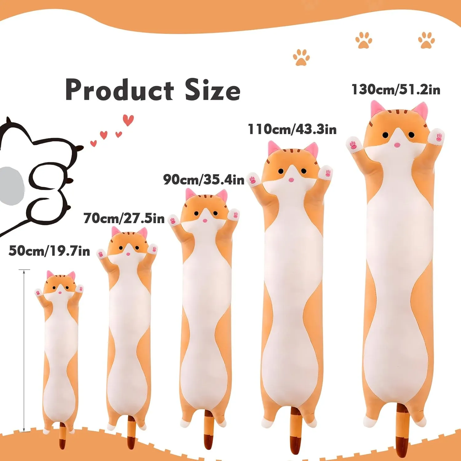 Kids Girlfriend Long Cat Plush Pillow, 27.6in Cute Cat Plushie Stuffed Animals Body Pillow, Yellow Kawaii Kitten Soft Plushie Doll Toy Birthday undergraduate tie tiredness glassware inaccessible Gift for 