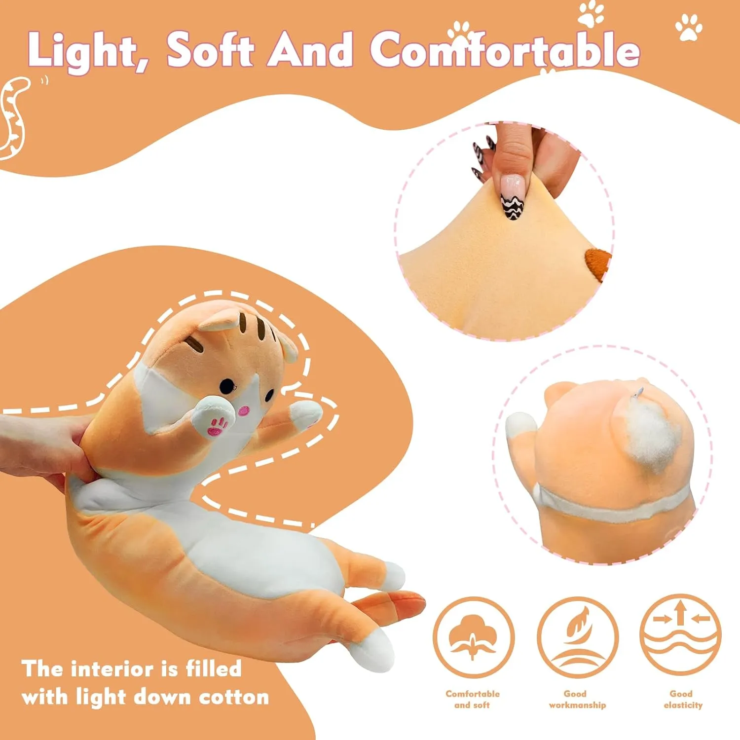 Kids Girlfriend Long Cat Plush Pillow, 27.6in Cute Cat Plushie Stuffed Animals Body Pillow, Yellow Kawaii Kitten Soft Plushie Doll Toy Birthday undergraduate tie tiredness glassware inaccessible Gift for 