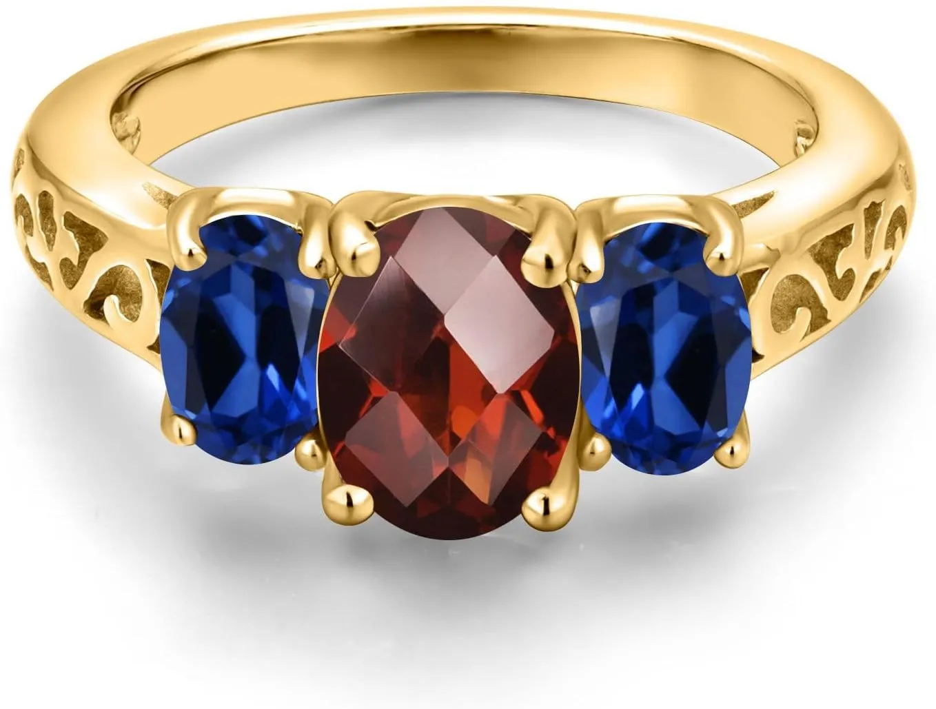 King 18K Yellow Gold Plated Silver Red Garnet and Blue Created Sapphire Filigree Style 3 Stone Ring for Women (2.73 Cttw$ Oval 8X6MM and 6X4MM$ overall Available in Size 5$ 6$ 7$ 8$ 9) Gem Stone 