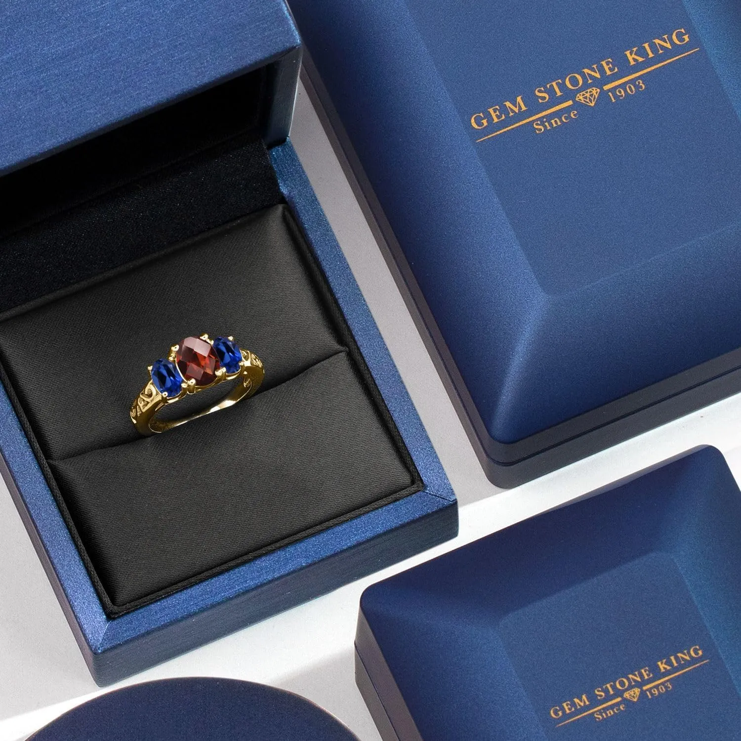 King 18K Yellow Gold Plated Silver Red Garnet and Blue Created Sapphire Filigree Style 3 Stone Ring for Women (2.73 Cttw$ Oval 8X6MM and 6X4MM$ overall Available in Size 5$ 6$ 7$ 8$ 9) Gem Stone 