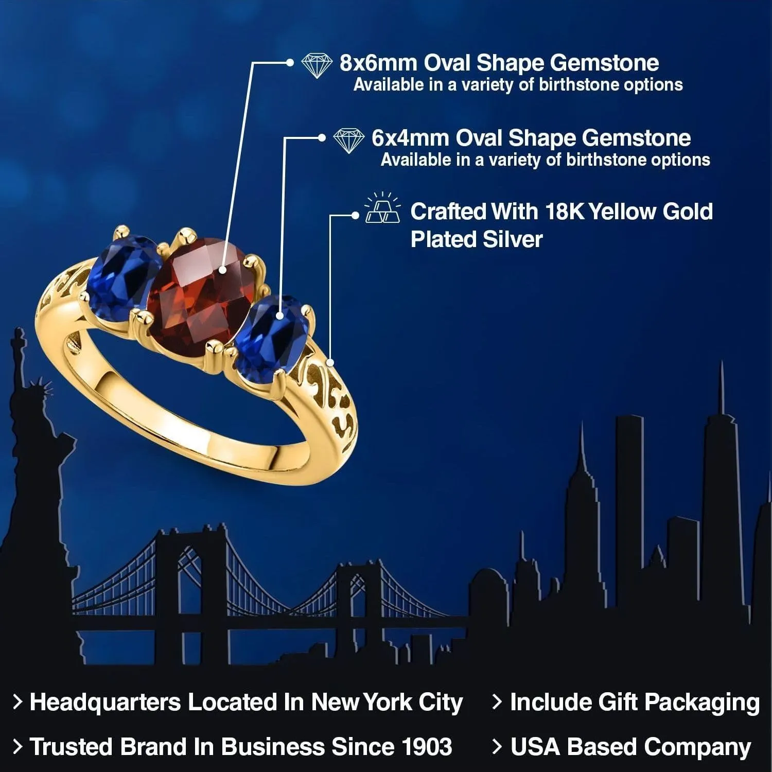 King 18K Yellow Gold Plated Silver Red Garnet and Blue Created Sapphire Filigree Style 3 Stone Ring for Women (2.73 Cttw$ Oval 8X6MM and 6X4MM$ overall Available in Size 5$ 6$ 7$ 8$ 9) Gem Stone 