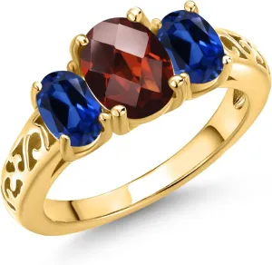 King 18K Yellow Gold Plated Silver Red Garnet and Blue Created Sapphire Filigree Style 3 Stone Ring for Women (2.73 Cttw$ Oval 8X6MM and 6X4MM$ overall Available in Size 5$ 6$ 7$ 8$ 9) Gem Stone 