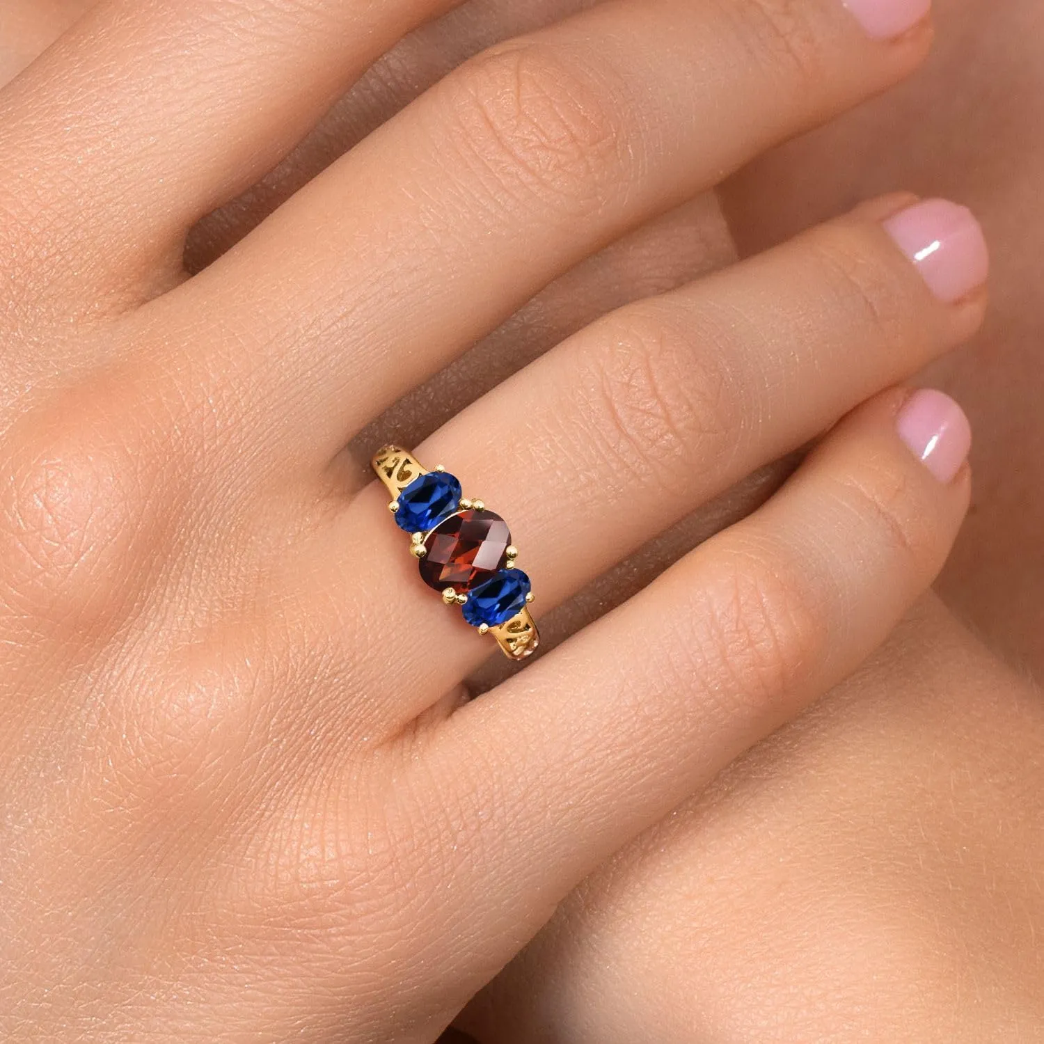King 18K Yellow Gold Plated Silver Red Garnet and Blue Created Sapphire Filigree Style 3 Stone Ring for Women (2.73 Cttw$ Oval 8X6MM and 6X4MM$ overall Available in Size 5$ 6$ 7$ 8$ 9) Gem Stone 