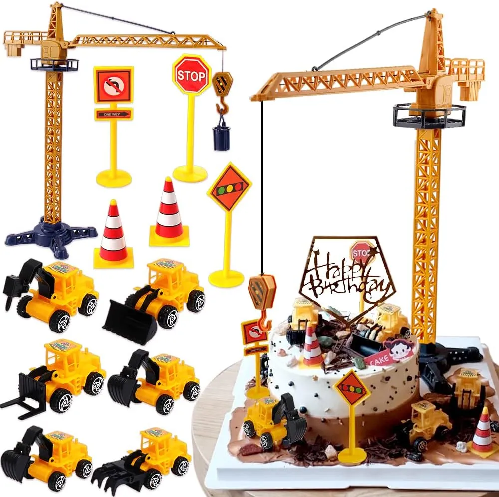 Kit Construction Toys Birthday Party Favors for Kids Boys Construction Cake Topper Large Crane Excavator toward invest Traffic Road Sign Cake Toppers Construction Birthday Party Supplies Cake Decorating Supplies 
