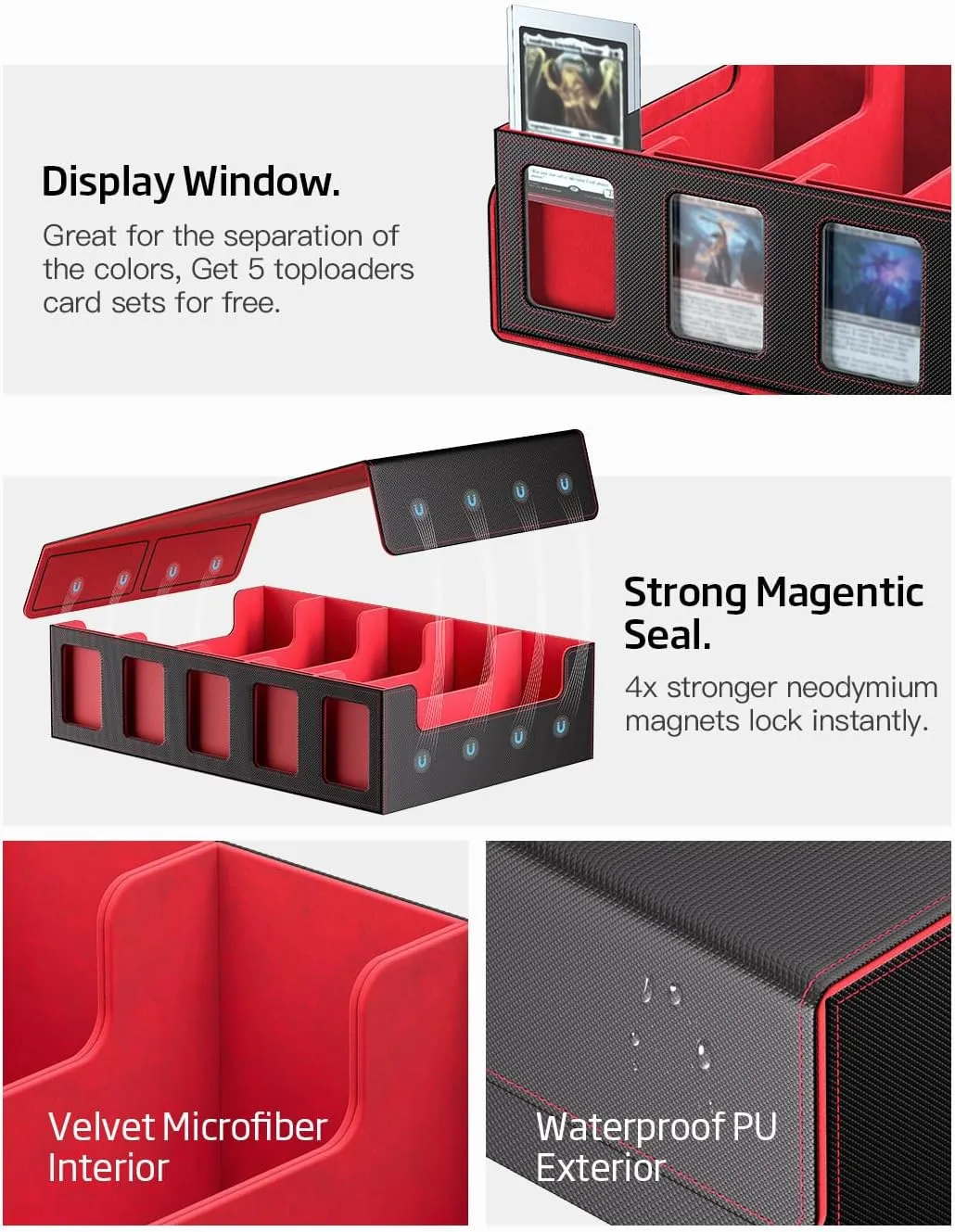 Lid & Commander Display for MTG TCG Sports Canada Cards,Includes 5 Toploaders/50 Dividers/10 Stoppers/Dice Box/Cleaning Cloth Trading Card Storage Box 3900  Capacity - 5-Row Card Case with Magnetic 