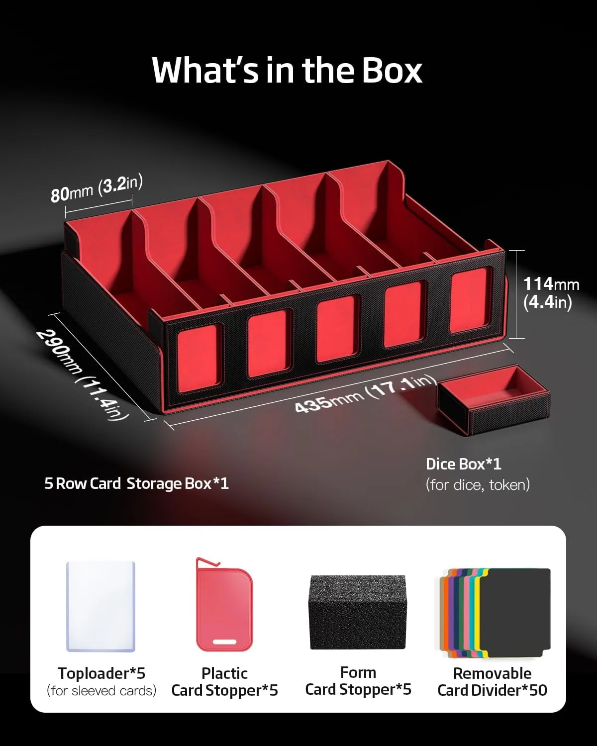 Lid & Commander Display for MTG TCG Sports Canada Cards,Includes 5 Toploaders/50 Dividers/10 Stoppers/Dice Box/Cleaning Cloth Trading Card Storage Box 3900  Capacity - 5-Row Card Case with Magnetic 