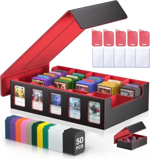 Lid & Commander Display for MTG TCG Sports Canada Cards,Includes 5 Toploaders/50 Dividers/10 Stoppers/Dice Box/Cleaning Cloth Trading Card Storage Box 3900  Capacity - 5-Row Card Case with Magnetic 