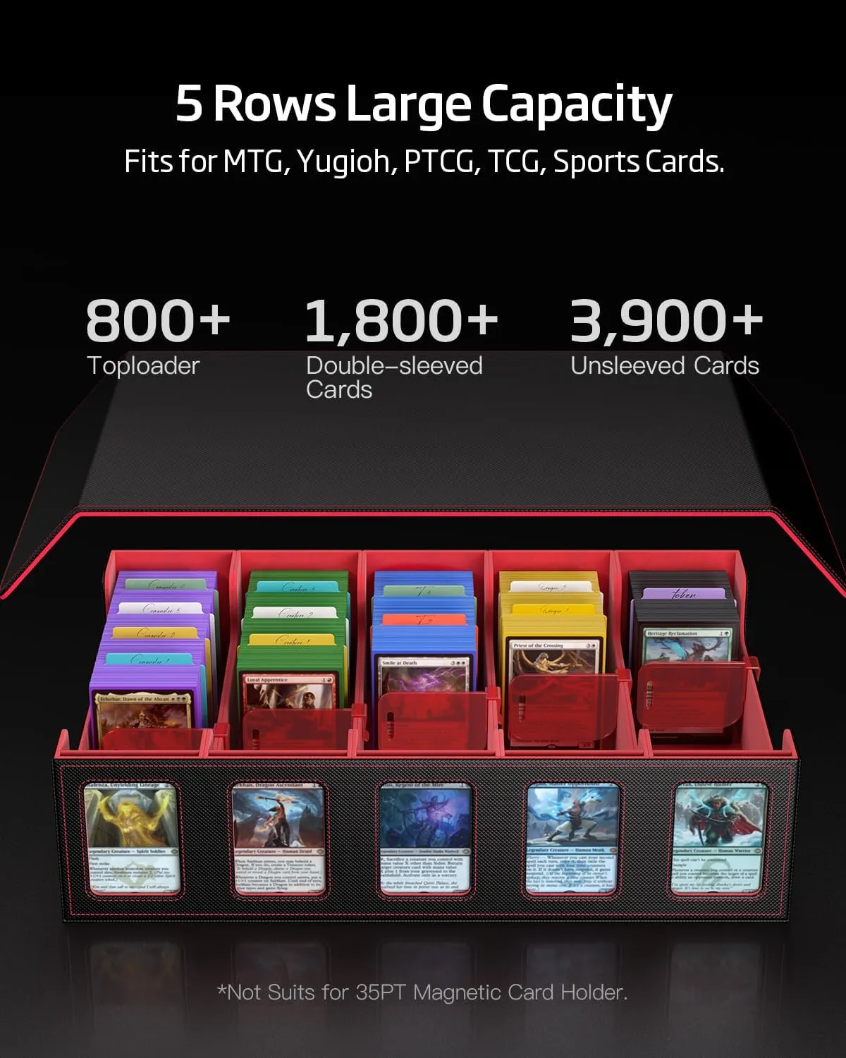 Lid & Commander Display for MTG TCG Sports Canada Cards,Includes 5 Toploaders/50 Dividers/10 Stoppers/Dice Box/Cleaning Cloth Trading Card Storage Box 3900  Capacity - 5-Row Card Case with Magnetic 