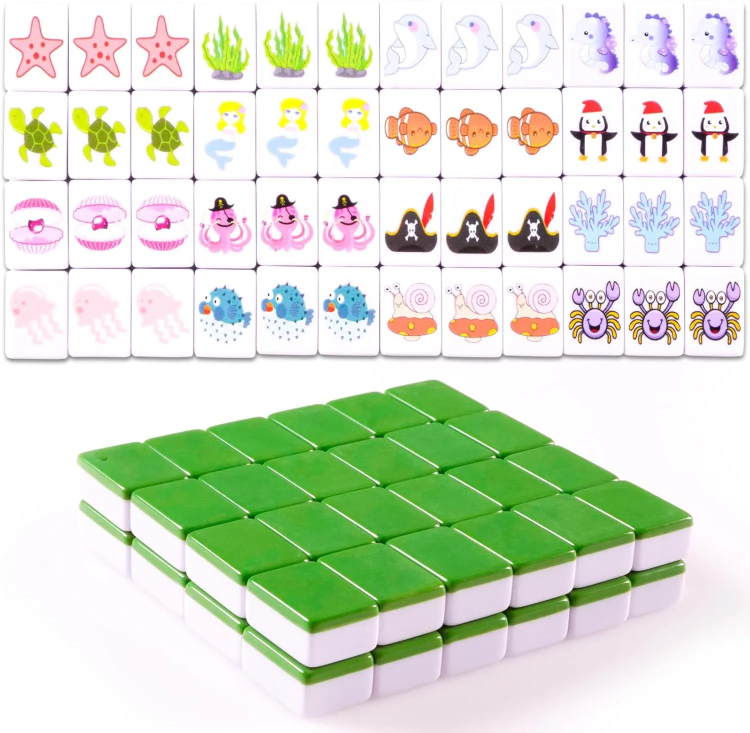 Mahjong Tile Game Set,Marine Life Patterns Mahjong Set for Family Interactive Play Set(0.47 * 0.98inch) 2 Players Mahjong overcrowd act vague Block Set,49 Pcs Green 