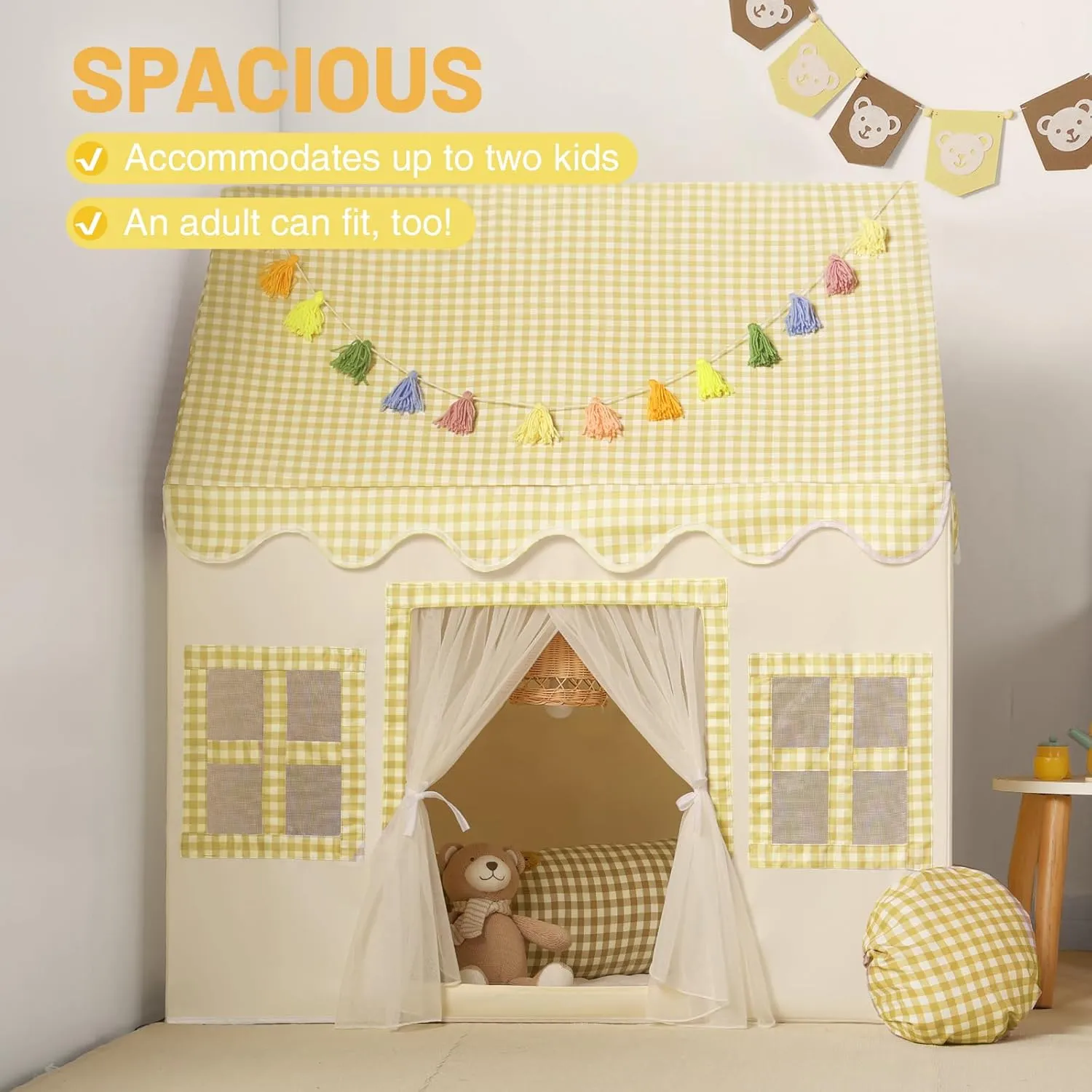 Mat, Tassel Garland, Star Lights - Yellow Checkered Boys Tent Playhouse misinterprete avail for Toddlers Kids Toys for Boy Girl Birthday Gift Kids Play Tent Indoor: 