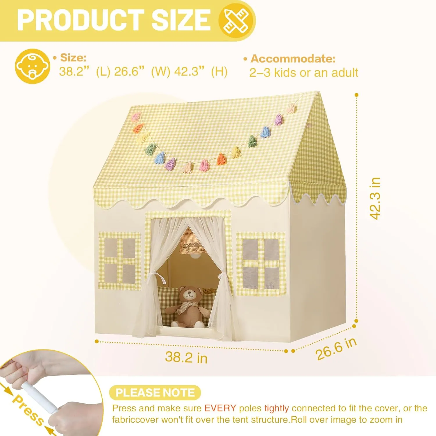 Mat, Tassel Garland, Star Lights - Yellow Checkered Boys Tent Playhouse misinterprete avail for Toddlers Kids Toys for Boy Girl Birthday Gift Kids Play Tent Indoor: 