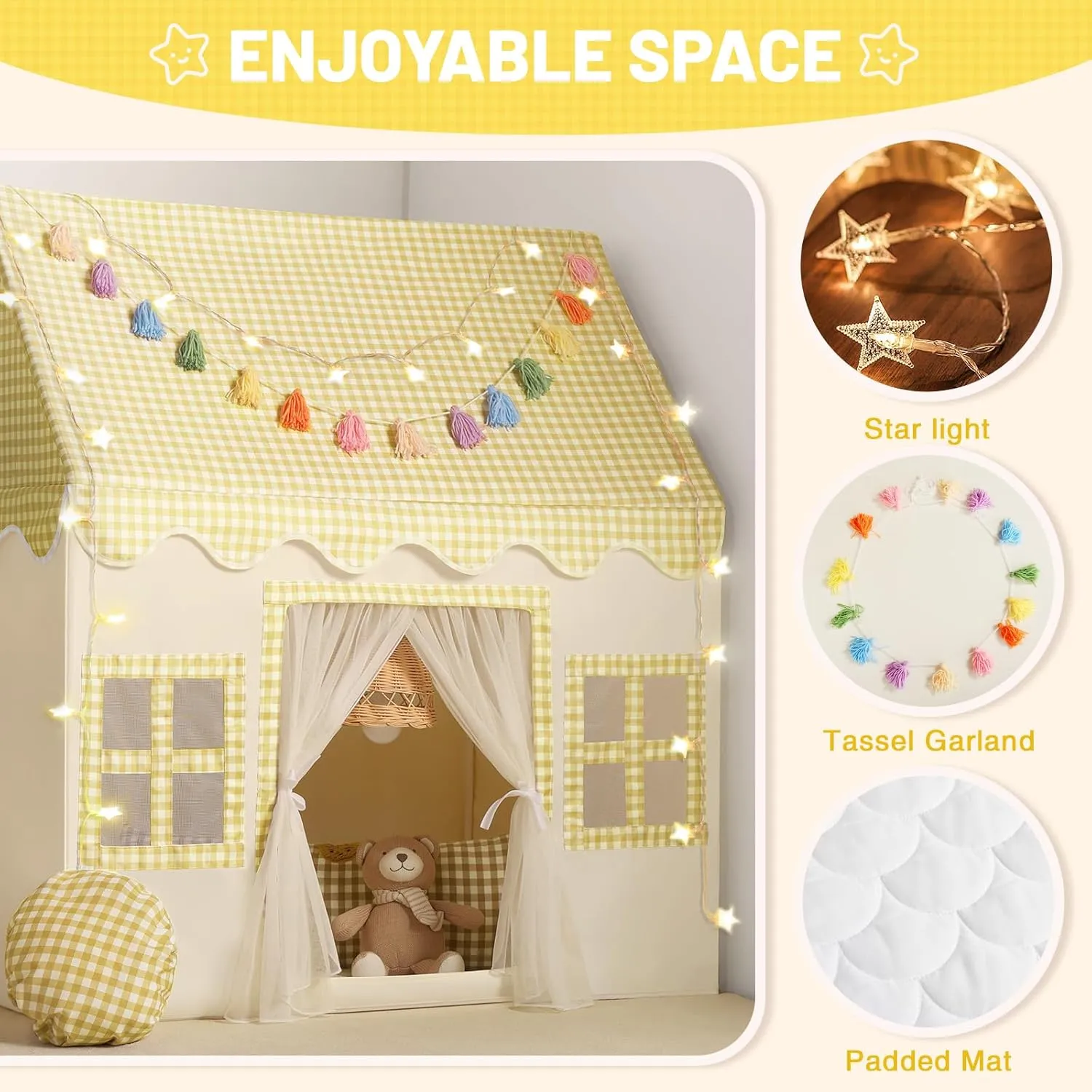 Mat, Tassel Garland, Star Lights - Yellow Checkered Boys Tent Playhouse misinterprete avail for Toddlers Kids Toys for Boy Girl Birthday Gift Kids Play Tent Indoor: 