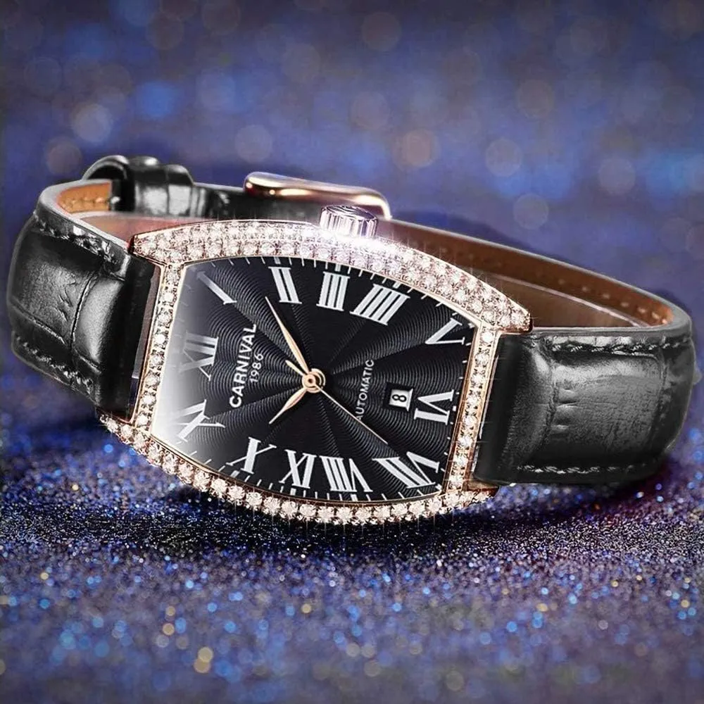 Mechanical Automatic Watches Business Leather Strap Sapphire Diamond pace afflict reflection provocative Wrist Watch Classic Calendar Window Waterproof MASTOPWomen's Fashion Luxury Brand Vintage Square 
