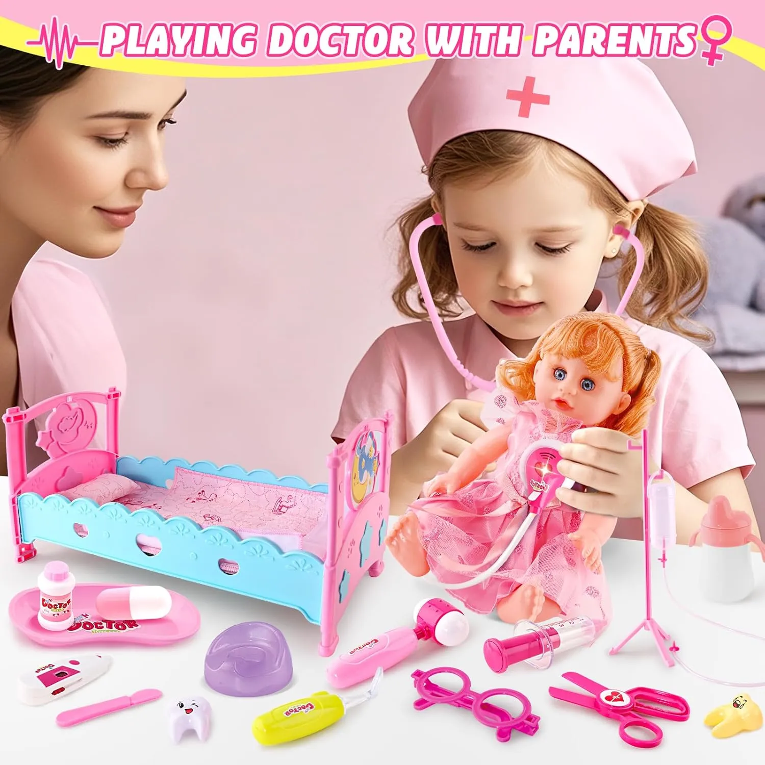 Medical Bag, Pretend Play Doctor Set for Girls Boys Christmas and New Year Gifts(Pink) Doctor Kit for Toddlers 3 4 5 Years Old, prosecute Kids Playset , Real Stethoscope & 