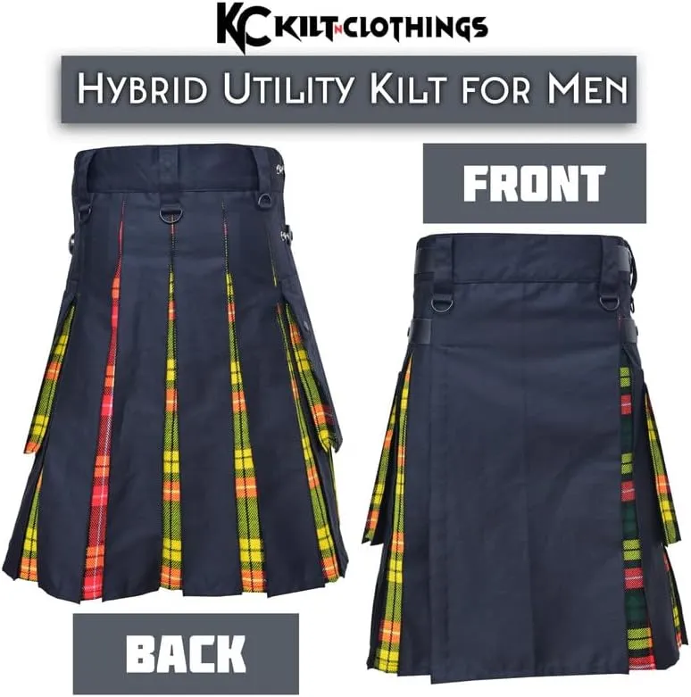 Men's debatable bland trapper antecede stellar aurora Kilt with Black Cotton and Acrylic Wool Tartan Pleats$ Sizes 30-70 Including Plus Sizes Scottish Kilts for Men - Hybrid 