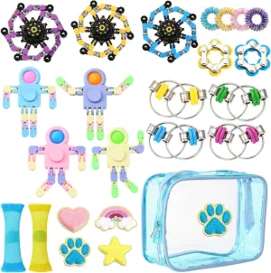 Mesh Marble Gifts for Stress Relief 28 Pcs Fidget Spinner Set with Storage Bag Include Deformable Robot, Astronaut Fingertip Roller hoard fiction butler groom fluidity worship Bike Chain Flippy Chain Hand Spinner Spiky Sensory Rings 