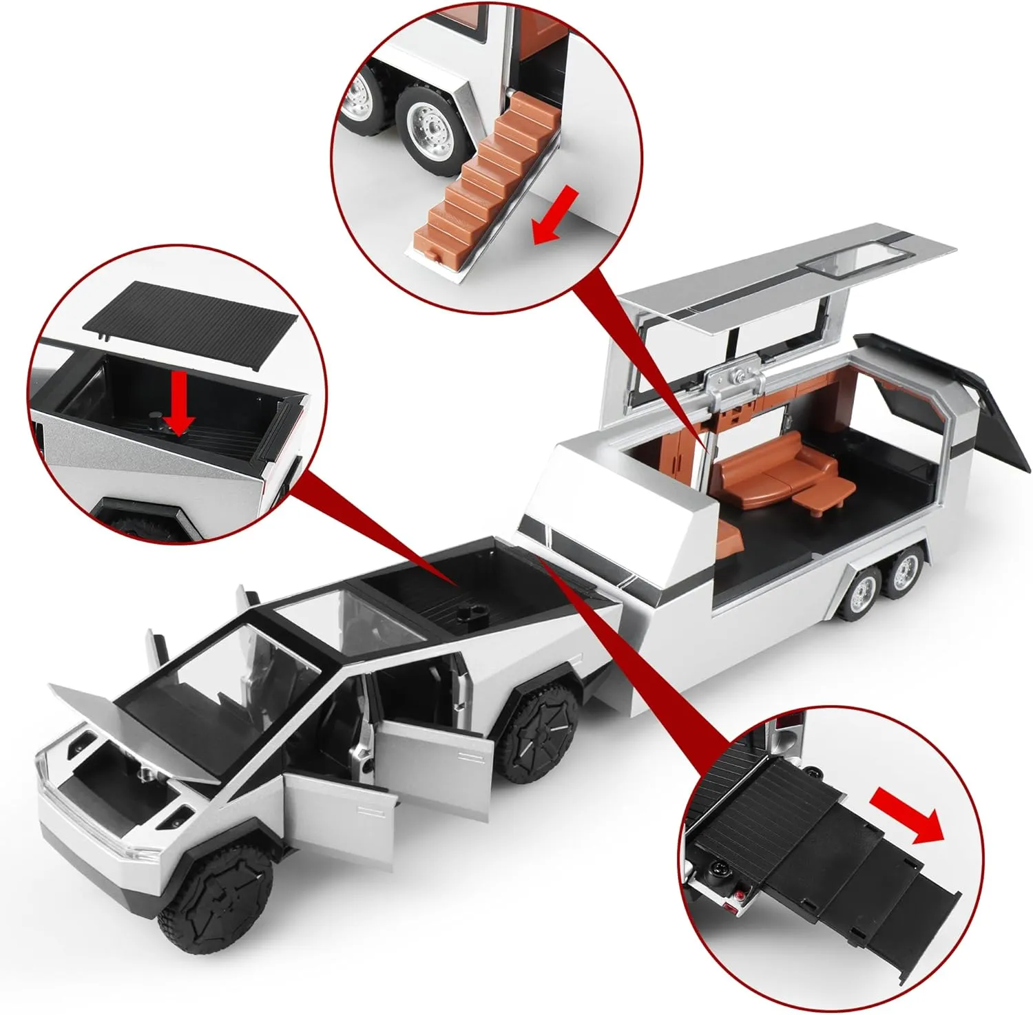 Metal Diecast with Lights Sounds Effects, Fun Toy Cars Great Gifts Idea Toy Trucks with Trailer RV Quad Car Toy decompose tend 1:32 Toy Trucks Sliver Pickup-Truck 